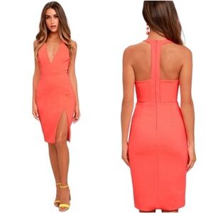 Lulu's Womens Size XS Neon Coral Bodycon Midi Dress Going Out Slit V-Neck Party